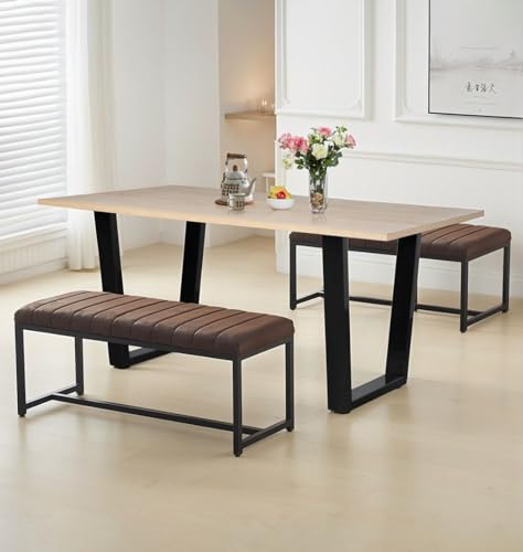 Hallowood Furniture Dudley Large Industrial Dining Table and Bench Set of 2 | 150x80cm Rectangular Kitchen Table with 2 Benches in Brown Leather Effect Padded Seats, Modern Dining Room Sets for 4 People