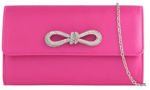 Satin Diamante Bow Style Bridal Prom Wedding Evening Clutch Party Purse Hand Bag (Fuchsia Pink)