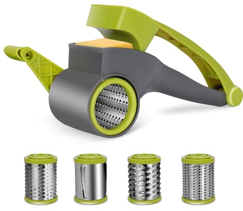 MASTERTOP Cheese Grater, Rotary Cheese Grater with 4 Stainless Steel Blades, Parmesan Cheeses Grater, Kitchen Cheeses Rotary Graters Cutter Slicer for Parmesan Garlic Ginger Vegetable Chocolate