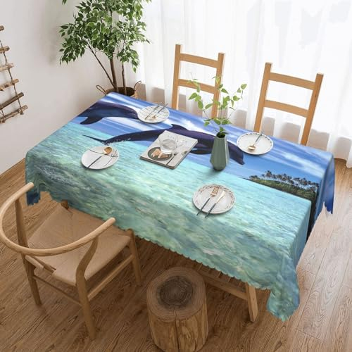 MKNAZ Nappe rectangulaire en tissu imprimé baleines sauteuses 137,2 x 182,9 cm | Nappe décorative pour cuisine, salle à manger, fête, mariage, pique-nique