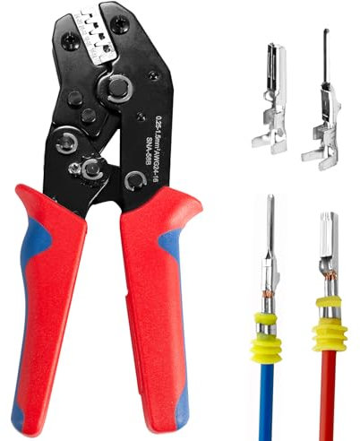 Amliber - Pinza crimpatrice per cavi con cricchetto, per connettori terminali a barilotto aperto, strumento di crimpatura elettrico per terminali Molex Deutsch, DELPHI AMP Dupont TYCO, 24-14 AWG