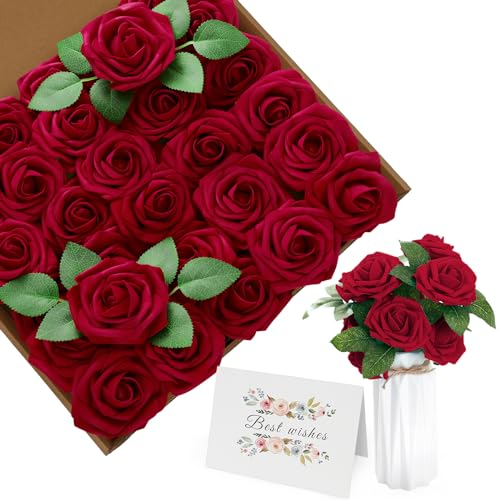 ilauke Künstliche Blumen Rot Rosen, 30 Stück 8cm Blumenstrauß Künstlich Deko Blumen Fake Rosen mit Stielen und Karte für Valentinstag Hausgarten Geburtstag Party DIY Hochzeit Dekoration