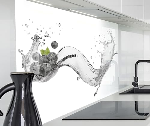 timalo Spritzschutz Wand für Herd, Küche Küchenrückwand Glasoptik | Acryl Glas 2mm | Glasrückwand Acrylglas Wandpaneele Rückwandschutz Platte | 160x50cm Blaubeeren im Wasser
