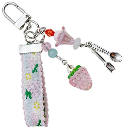 SANRLO Key ring,Key chain,Key tags,Strawberry Ribbon Charm Keychains Sweet Cute Pendant Hanging Ornament Keyring Backpack Decoration for Women Girls