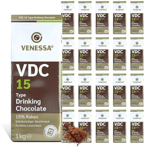 VENESSA VDC 15 Trinkschokolade 20 x 1kg für Geschäftskunden, 15% Premium Kakao und Milchanteil, lösliches Kakaopulver für Gastro, leicht süß, angenehm - Alle Kaffeevollautomaten & Vending geeignet