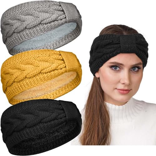 PROPOG Stirnband Damen Winter, 3 Pcs Ohrenwärmer Mädchen Fleece Stirnbänder Damen Gestrickt Warmes Haarband Elastischer Haarbänder Gefüttertes Stirnband für Outdoor Sport, Laufen, Workout