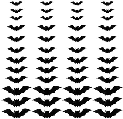 VYIBPDY Halloween 3D Fledermaus Deko, Wandaufkleber in 4 Verschiedenen Größen, Wasserdichtes PVC, Gruseliges Schwarzes, Abnehmbares Fledermaus DIY Halloween Deko Set für Fensterdeko, 48 Stück