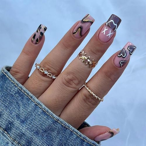 DMQ Square Press on Nails Medium Length, 24Pcs False Nails with Glue, Purple Acrylic Fake Nails with Brown Striped Love Heart Designs, Glossy Gold Glitter Artificial Nail Fall Winter Stick on Nail