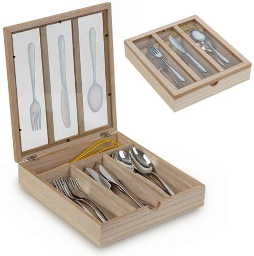JUJOYBD Boîte à Couverts en Bois avec Couvercle, 4 Compartiments, Rangement de Cuisine