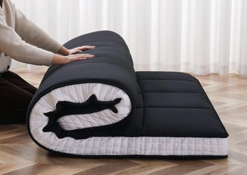 ZIKEBTUY 203*153*10CM Japanischer Futon Matratze - 10CM Dick Klappbar Boden Schlafmatratze für Gäste, Aufrollen Tragbar Matratze für Gästebett, Tatami/Schlafsäle Bett, Camping oder Wohnmobil - Schwarz