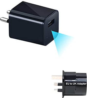 Hidden Camera USB Charger, Mini Nanny Cam with Motion Detection Small Video Recorder USB Charger Adapter Hidden Security Cameras with EU to UK Adapter for Home Security Surveillance NO WIFI VERSION