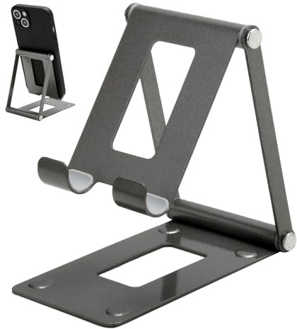 Foldable Phone Stand, Adjustable Durable Tablet Holder Multi-Angle Portable Phone Stand Holder Universal Aluminum Desktop Stand Dock for iPhone iPad Galaxy Samsung Tablets Up to 9.7 In (Dark Gray)