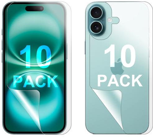 Set di 10 pellicole protettive per schermo in PET morbido per Apple iPhone 16 anteriore e posteriore Bulk