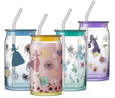 JoyJolt Disney Princess Icon Glasbecher mit Deckel und Strohhalmen, 473 ml, Glasbecher mit Deckel und Strohhalmen, 473 ml, Prinzessinnen-Jasmin, Arielle, Aschenputtel, Cinderella Belle, 4 Stück