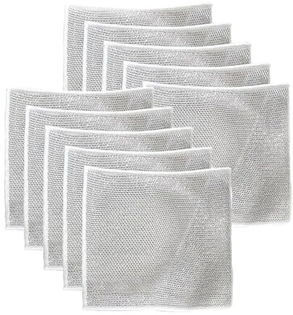 CHUJIANMORUI Wire Cleaning Cloths, 10 Pcs Multipurpose Wire Miracle Cleaning Cloths Silver Reusable Mesh Dishcloth Soft Microfiber Dishwashing Rags for Kitchen Washing Wet and Dry