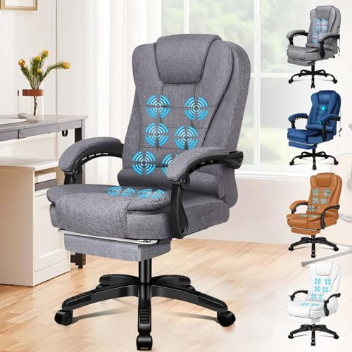 ELFORDSON Executive Office Chair with 8-point Massage Seat Heated, PC Desk Gaming Chair with Armrests Footrest High Back 150° Recliner Tilt Padded Swivel Fabric Linen, Grey