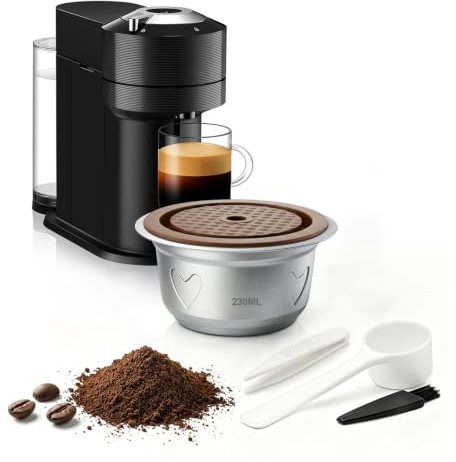 FOVNOT Capsules de Café Réutilisables et Rechargeables Couvercles en Silicone de Qualité Alimentaire Capsule de Café en Acier Inoxydable Compatible avec Ve-tuo Pop/Next/Plus (230mL)
