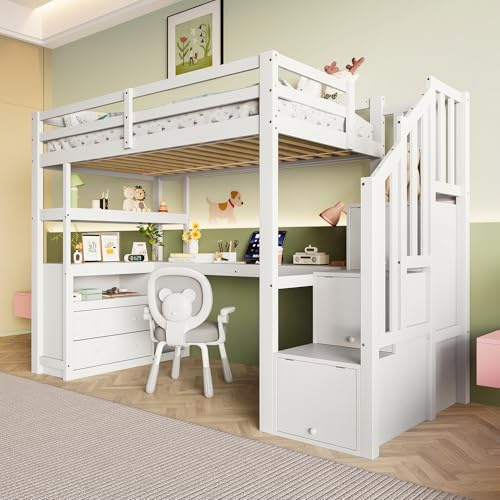 Oxtao Letto a Castello 90 x 200 cm con Scrivania, Scale, Cassetti e Scaffali, Lettino Funzionale per Ragazzi (Bianco)