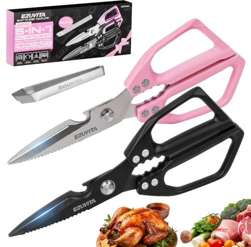 EZUVITA 2-teiliges 5-in-1 Küchenschere mit Pinzette, Haushaltsschere mit titanbeschichteten Edelstahlklingen, Spülmaschinenfest, Allzweckschere für Küche, Huhn, Geflügel, Fisch, Fleisch (Schwarz&Rosa)