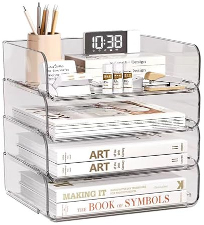 4-Tier Storage Basket for A4, Document Tray Made of PET Plastic, Desk Organiser and Storage for Documents, Paper, Book Magazine Storage, Office Supplies ，4 Pieces