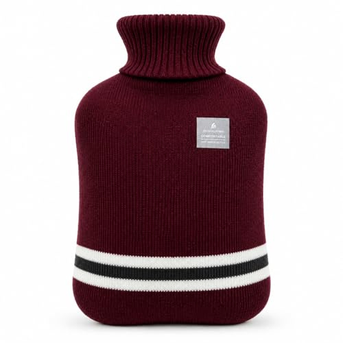 OliviaLiving Bouillotte avec housse rayée classique, 2 L, pour crampes menstruelles, soulagement des douleurs au cou et aux épaules, thérapies chaudes et froides, chauffe-mains et pieds (bordeaux)