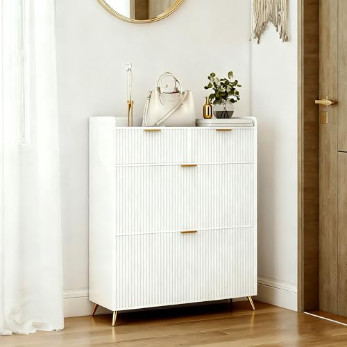 KEFSR Moderner Schuhschrank, weißer Schuhschrank, 4 Schubladen, Holzkommode mit goldenen Griffen, Schublade mit Hochglanz, für Schlafzimmer, Wohnzimmer, klein geriffelt (4 Schubladen (1), Weiß