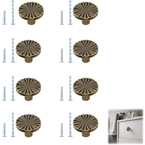 YgonziRuvc Antique Brass Door Knobs 8 Pcs, Vintage Drawer Handles with 16 Screws (2 Sizes), Classic Round Cupboard Knobs for Kitchen Cabinets, Wardrobe, Dresser, Antique Brass Cupboard Handles