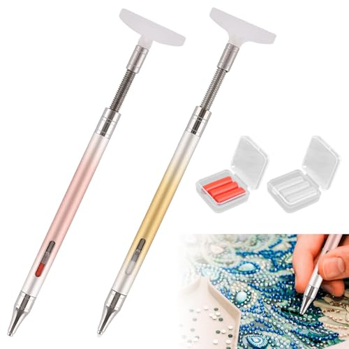 2 Pcs Diamond Art Paint Pens with Refillable Wax, Diamond Paint Accessories Refillable Wax Pen, Self-Stick Rotating Glue Point Drill Pens with Correction Plate for Nail Diamonds Art DIY Craft(Style A)