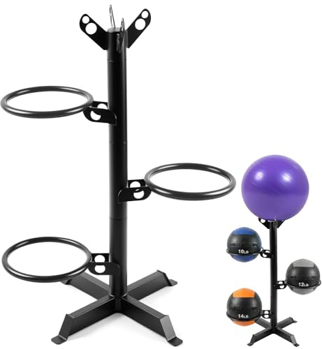 Zonon Medicine Ball Storage Rack, Vertical Stand for 3 Exercise Balls, 360° Pivoting Rings, Compact Steel Organizer for Home & Gym, Black