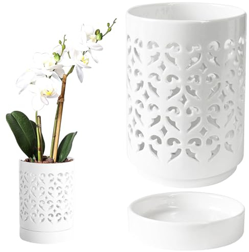 Pots à orchidées avec trous de 10, 2 cm, pots respirants pour rempotage, pot de fleurs en céramique avec soucoupe pour favoriser la circulation l'air, la croissance des plantes, blanc, décoration e