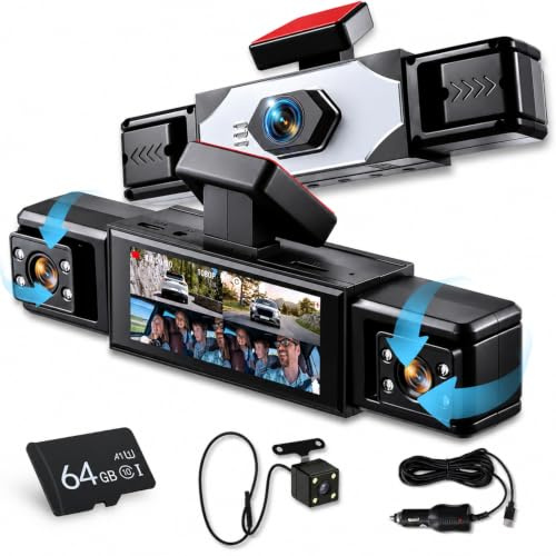 Hodozzy Cámara para Salpicadero 4 Canales, Pantalla 3,16 Pulgadas, 4 Cámaras Delantera, Trasera, Interior para Coche con Grabación en Bucle, Visión Nocturna Sensor G Modo Aparcamiento Tarjeta TF 64 G