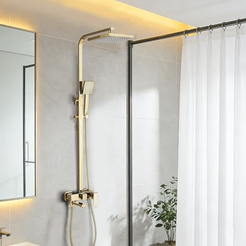 Goldfarbene Duscharmatur mit Wasserhahn, ohne Thermostat, höhenverstellbar, mit 20 cm großem Regenduschkopf, goldfarbener Handbrause und Bodenauslauf, Duschset mit Regenduschkopf