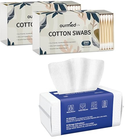 Ourmed Life Serviettes Visage Biologiques Jetables & Ourmed Life Lot de 500 cotons-tiges biodégradables en bambou et coton à double pointe avec pointes pointues et rondes