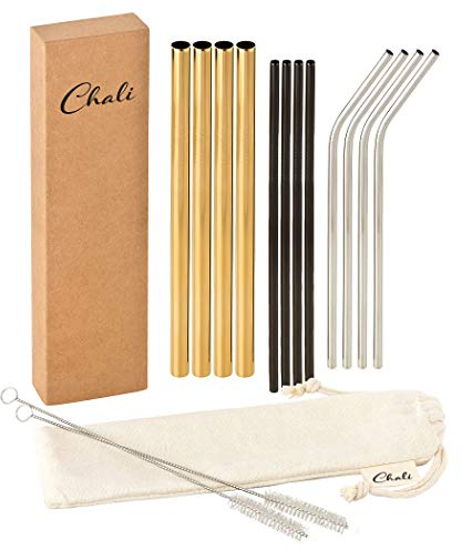 Chali® 12x Edelstahl Strohhalme wiederverwendbar, Schwarz Silber ø6mm, Gold ø12mm, Trinkhalme 21,5cm lang spülmaschinengeeignet inkl. 2x Reinigungsbürsten