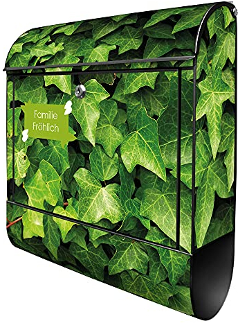 banjado® Design Briefkasten personalisiert Efeu 38,5x46,5x13cm & 2 Schlüssel - Briefkasten Stahl schwarz Zeitungsfach pulverbeschichtet - Postkasten A4 Einwurf inkl. Montagematerial