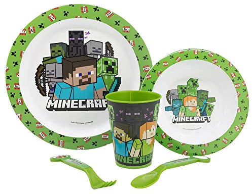 SET DE TABLE POUR ENFANTS 5 PIÈCES. ASSIETTE, BOL, VERRE 260ML ET COUVERTS. SANS BISPHÉNOL A ET COMPATIBLE AVEC LE MICRO-ONDES. | MINECRAFT 2023