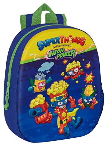 SUPERZINGS - Mochila Escolar, con Diseño 3D, Adaptable a Carro, Ideal para Niños de Diferentes Edades, Cómoda y Versátil, Calidad y Resistencia, 27x10x33 cm, Color Azul/multicolor