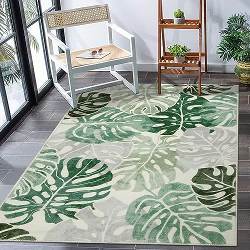 Wonnitar Monstera Waschbarer Teppich, 7,6 x 12,7 cm, Salbeigrün mit Blättern, für Schlafzimmer, rutschfeste Wohnzimmereingang, Überwurfmatte, niedriger Flor, Kunstwolle, Indoor-Teppich für Küche,