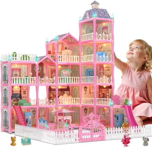 Doll Houses for Girls - Playhouse 5-Story 15 Rooms with Doll & Dogs & Furniture Accessories & Lighting - Princess Dollhouse Toys Girl Birthday for Kids Age 3 4 5 6 7 8 9 10 Years old
