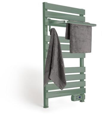 CREATE / Warm Towel 500W / Sèche-Serviettes électrique Vert Sauge avec étagère / 96,9x5x55 cm/pour Sol ou Mur, minuterie, écran LCD, Faible consommation, temporisateur