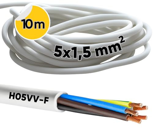 Kalitec H05VV-F - Tubo flessibile da 10 metri, 5 x 1,5 mm², 5 G1,5 mm2, con conduttore di protezione, cavo in PVC per interni, cavo elettrico bianco, cavo per lampada, flessibile, 5 fili