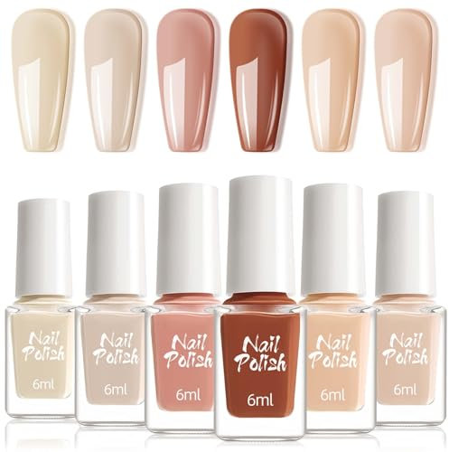 6PCS Nail Polish Set - Nude Nail Varnish - Air Dry Natural Solid Color Fast Drying Nail Polish - No Chip Long Lasting Nail Set No Need UV Home DIY Salon Gift Set for Women