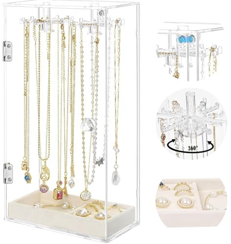 Cnwinu Schmuckständer,Acryl Kettenhalter mit 24 Haken,Kettenständer Drehbar,Ketten Aufbewahrung,Schmuckaufbewahrung ketten,Armbänder Ohrring Ringe Uhren Aufbewahrung mit Samt Tablett