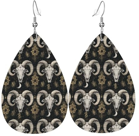 Mystic Ram Skull Print Earrings for Women, Fashion Teardrop Leather Earrings for Women Trendy, Colorful Tear Drop Earring Jewelry