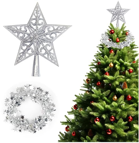 Christbaumspitze, Weihnachtsbaum Schmuck, Silberner Stern Weihnachtsbaumspitze mit filigranem Design, 20 cm Durchmesser, Perfekter Abschluss für Tannenbaum