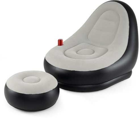 COSTWAY Poltrona Gonfiabile con Poggiapiedi e Portabicchiere | Divano Gonfiabile Portatile con Superficie Vellutata per Esterno Interno Campeggio Viaggi