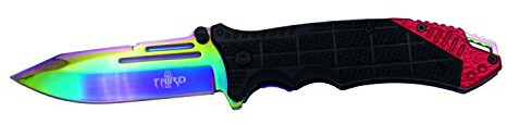 THIRD Messer K2777W, schwarzer ABS-Griff mit rotem Aluminiumdetail, 9,5 cm Schwarze Klinge aus 420er Stahl. Blatt, Liner und Clip-Bad in Regenbogen-Titan. Mit Clip