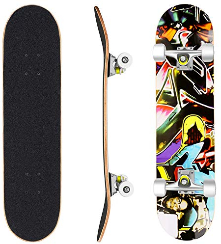Hikole Skateboard – 78.7 x 20.3 cm komplettes Profi-Skateboard – Double Kick 7 Schichten kanadisches Ahornholz Erwachsene Tricks Skateboard für Anfänger
