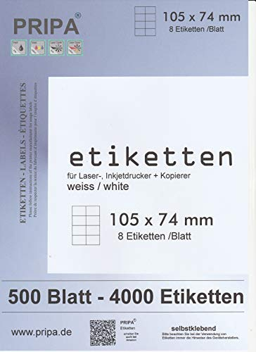 pripa Etikettenformat 105 x 74, 500 Blatt DIN A4 selbstklebende Etiketten. Der Bogen ist aufgeteilt in 8 Etiketten = 2 Spalten je 4 Reihen