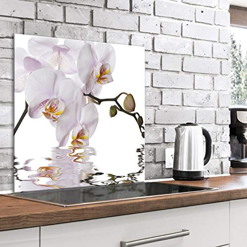 murando Spritzschutz Glas für Küche 60x60 cm Küchenrückwand Küchenspritzschutz Fliesenschutz Glasbild Dekoglas Küchenspiegel Glasrückwand Blumen Orchidee Wasser - b-C-0562-aq-a